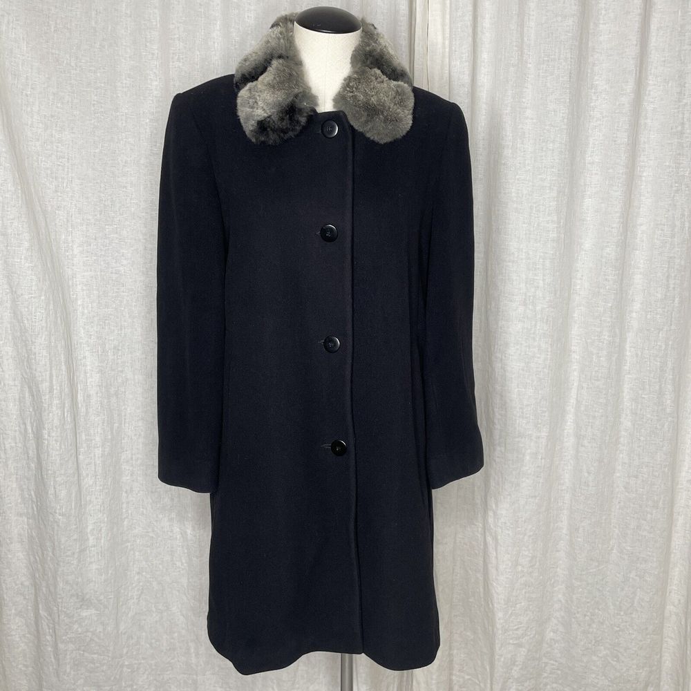 Wool Coat Womens 8 Black Lambswool Blend Fur Collar Forecaster of Boston Topcoat